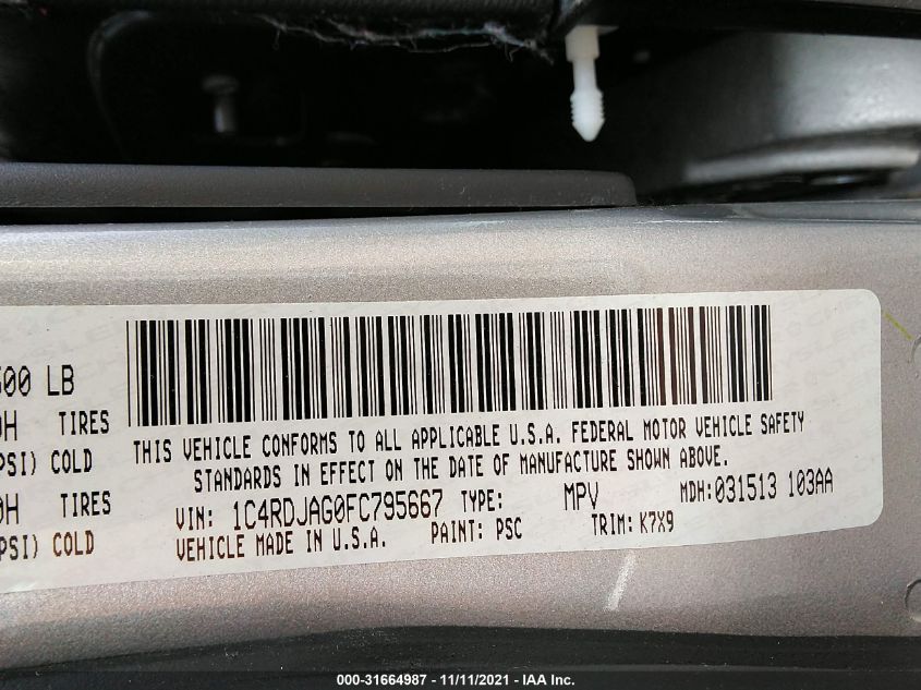 2015 DODGE DURANGO SXT 1C4RDJAG0FC795667