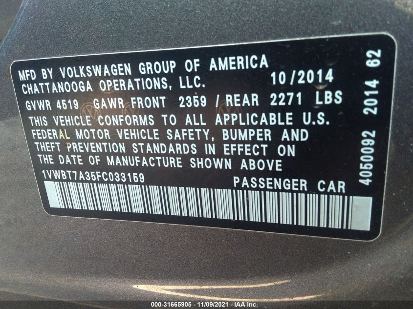 2015 VOLKSWAGEN PASSAT 1.8T SE W/SUNROOF & NAV 1VWBT7A35FC033159