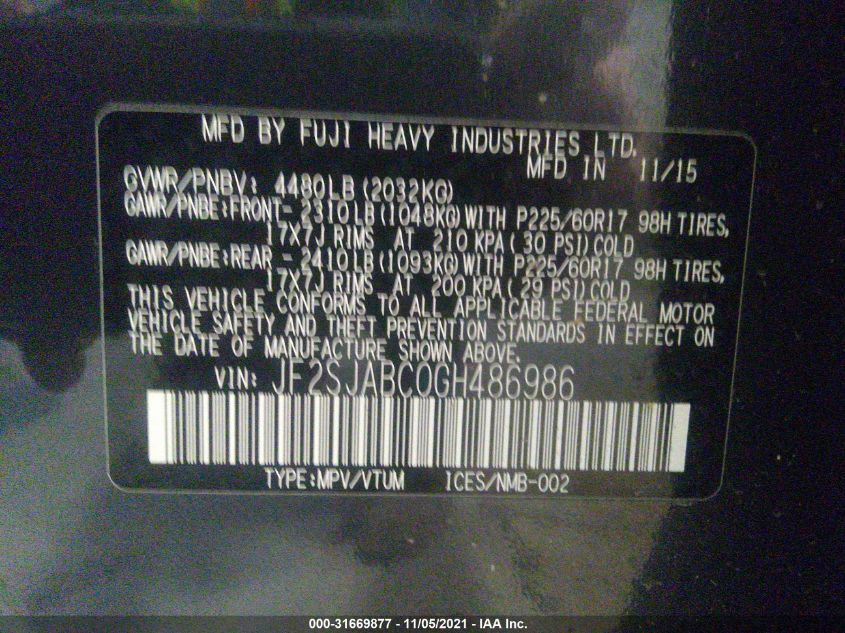 2016 SUBARU FORESTER 2.5I JF2SJABC0GH486986