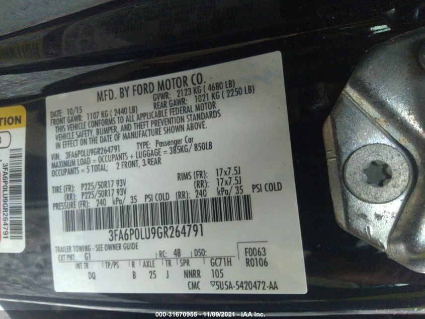 2016 FORD FUSION SE HYBRID 3FA6P0LU9GR264791
