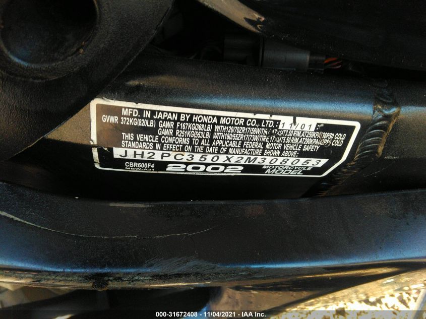 2002 HONDA CBR600 F4 JH2PC350X2M308053