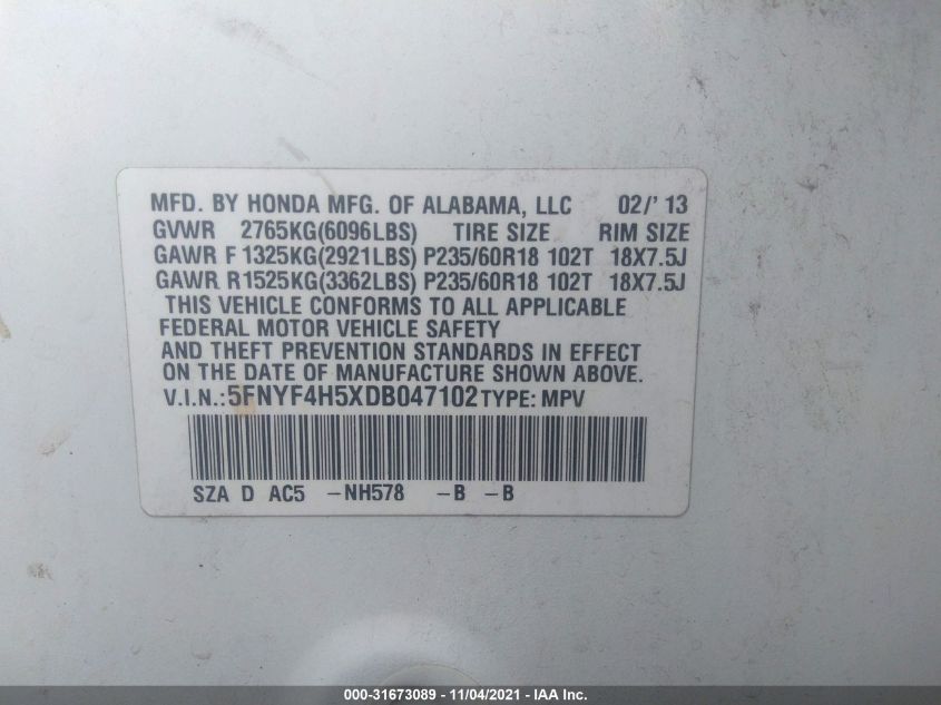 2013 HONDA PILOT EX-L 5FNYF4H5XDB047102