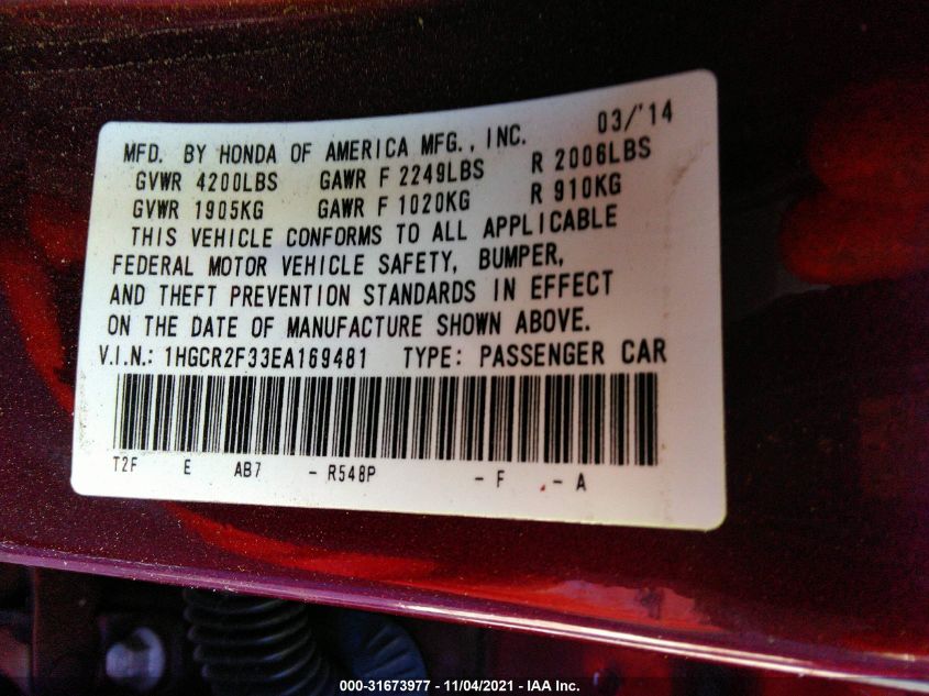 2014 HONDA ACCORD SEDAN LX 1HGCR2F33EA169481