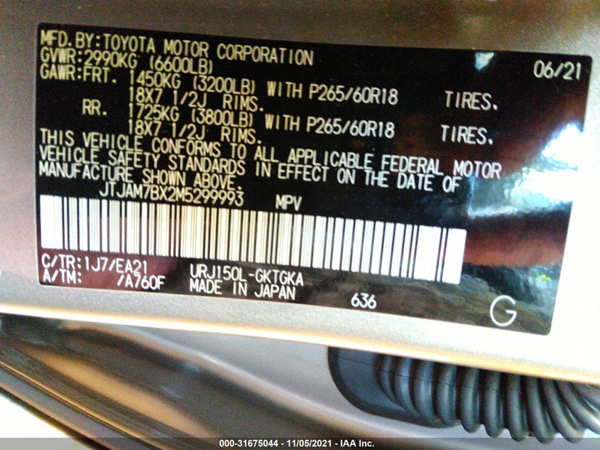 Auction sale of the 2021 Lexus GX , vin: JTJAM7BX2M5299993, lot number: 31675044