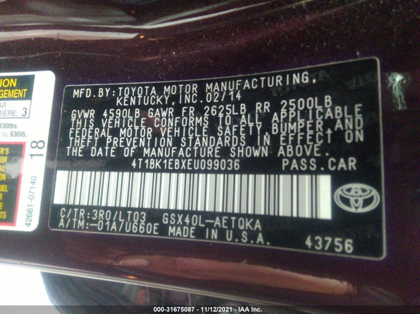 2014 TOYOTA AVALON LIMITED 4T1BK1EBXEU099036