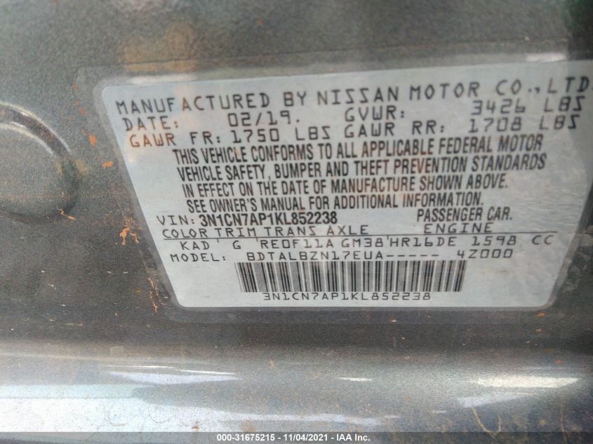 2019 NISSAN VERSA SEDAN SV 3N1CN7AP1KL852238