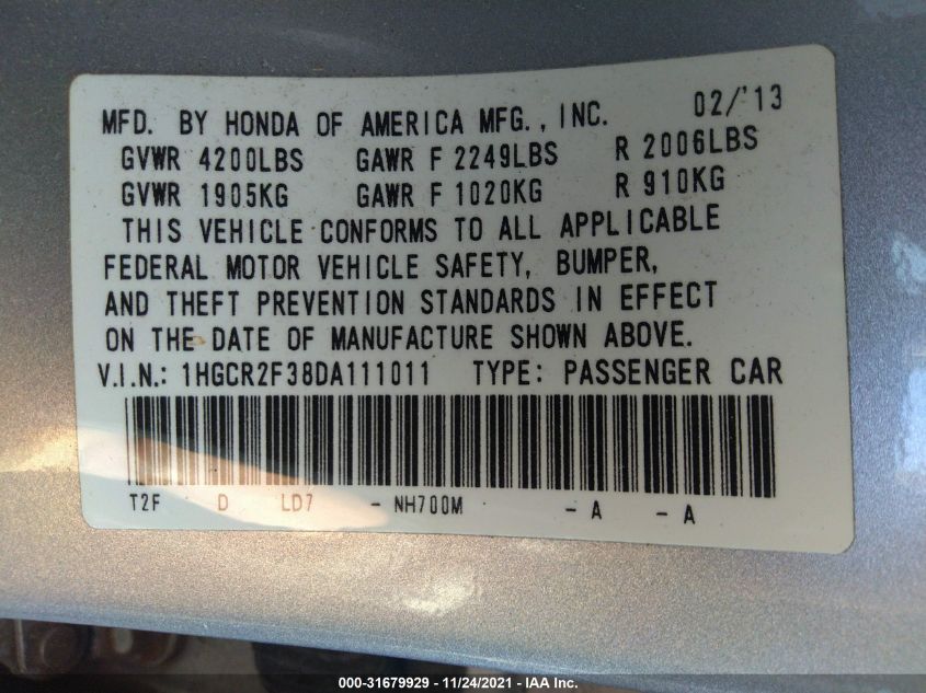 2013 HONDA ACCORD SDN LX 1HGCR2F38DA111011