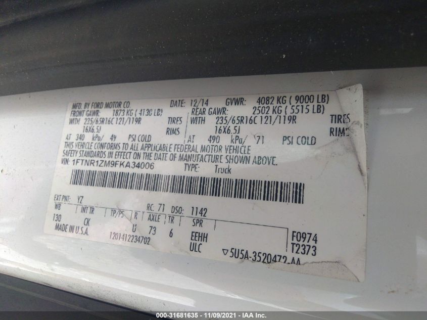 2015 FORD TRANSIT CARGO VAN 1FTNR1ZM9FKA34006