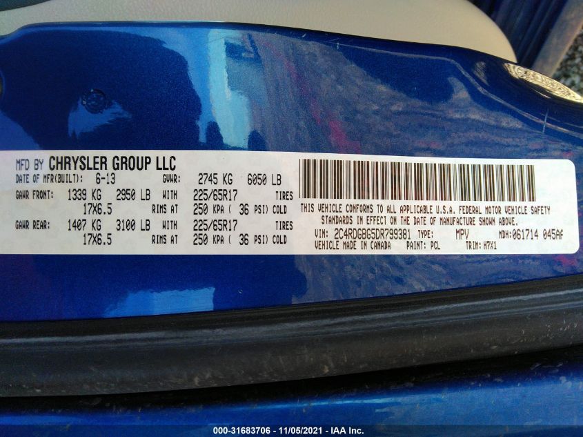 2013 DODGE GRAND CARAVAN SE 2C4RDGBG5DR799381