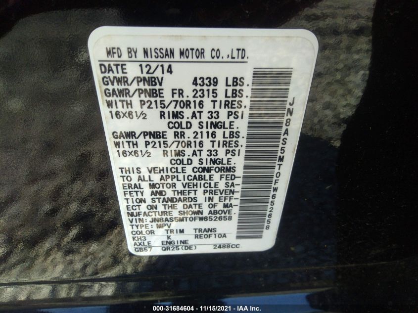 2015 NISSAN ROGUE SELECT S JN8AS5MT0FW652658