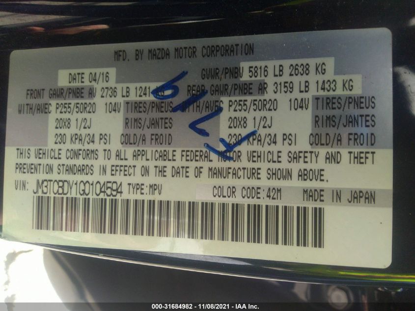 2016 MAZDA CX-9 GRAND TOURING JM3TCBDY1G0104594