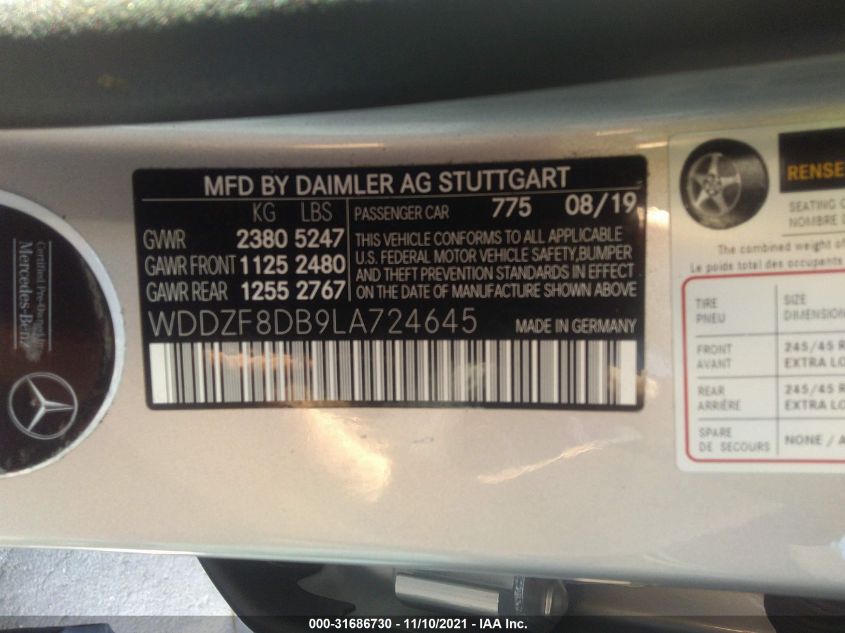 2020 MERCEDES-BENZ E-CLASS E 350 WDDZF8DB9LA724645