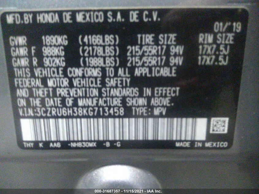 2019 HONDA HR-V LX 3CZRU6H38KG713458