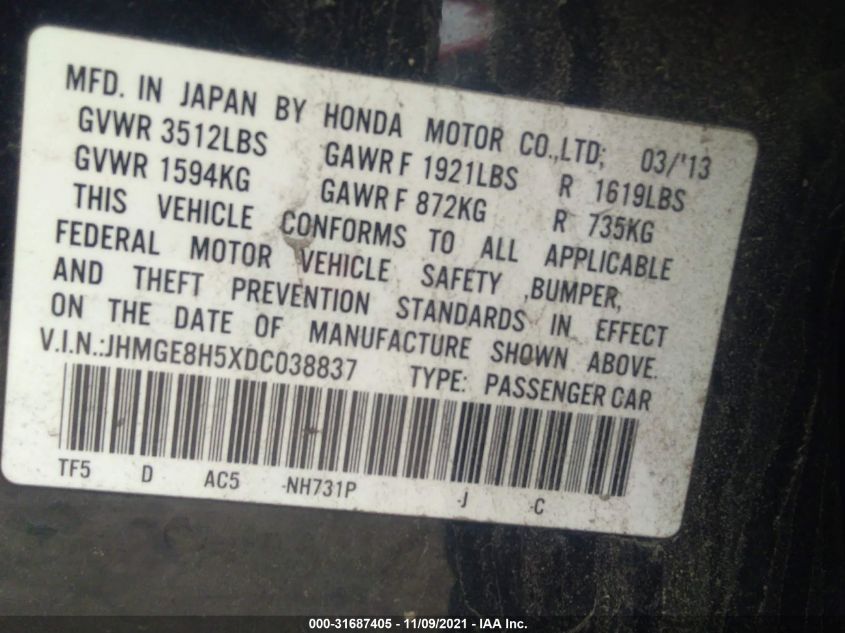 2013 HONDA FIT SPORT JHMGE8H5XDC038837