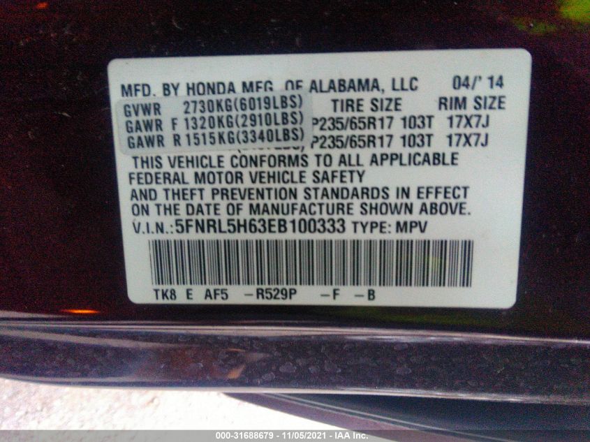2014 HONDA ODYSSEY EX-L 5FNRL5H63EB100333