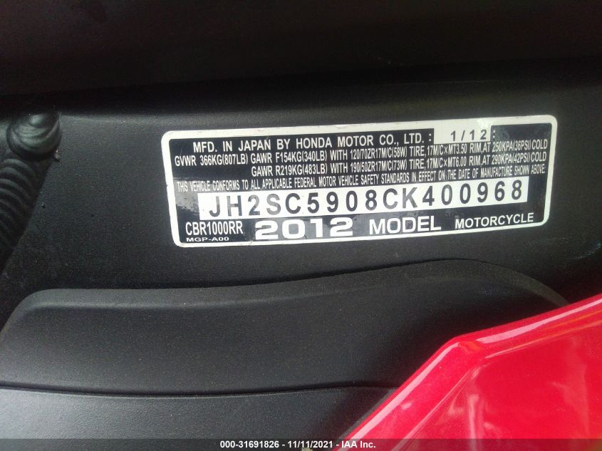 2012 HONDA CBR1000 RR JH2SC5908CK400968