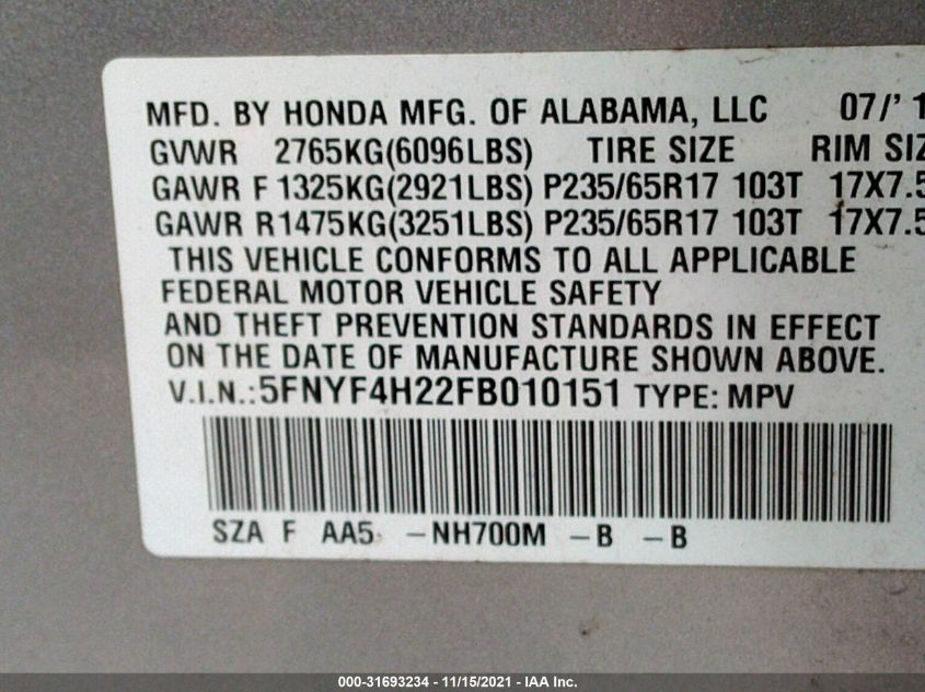 2015 HONDA PILOT LX 5FNYF4H22FB010151