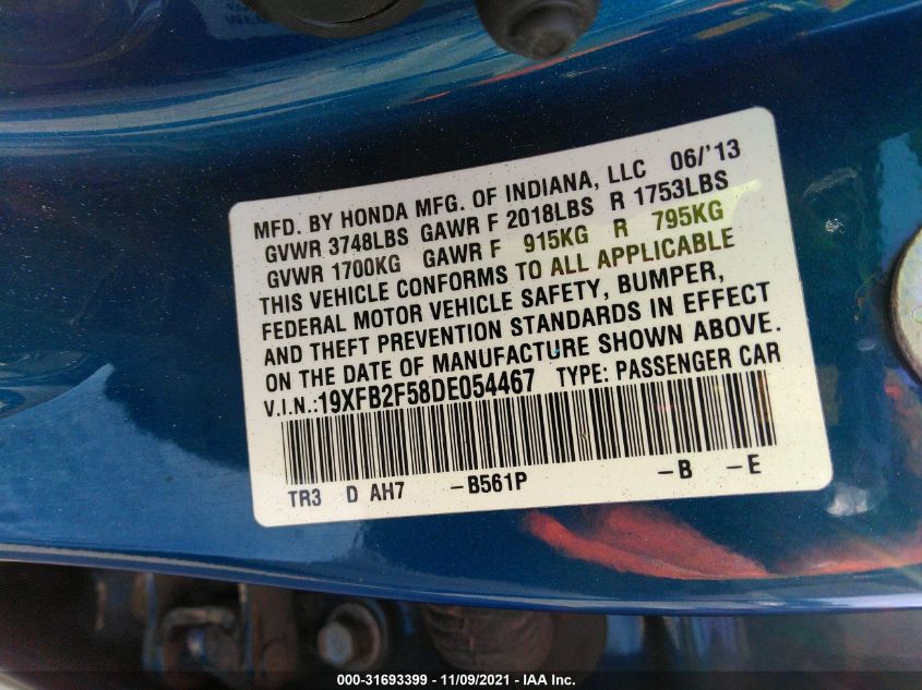2013 HONDA CIVIC SDN LX 19XFB2F58DE054467
