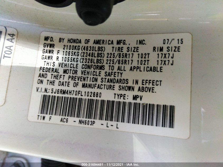 2015 HONDA CR-V EX-L 5J6RM4H70FL102680