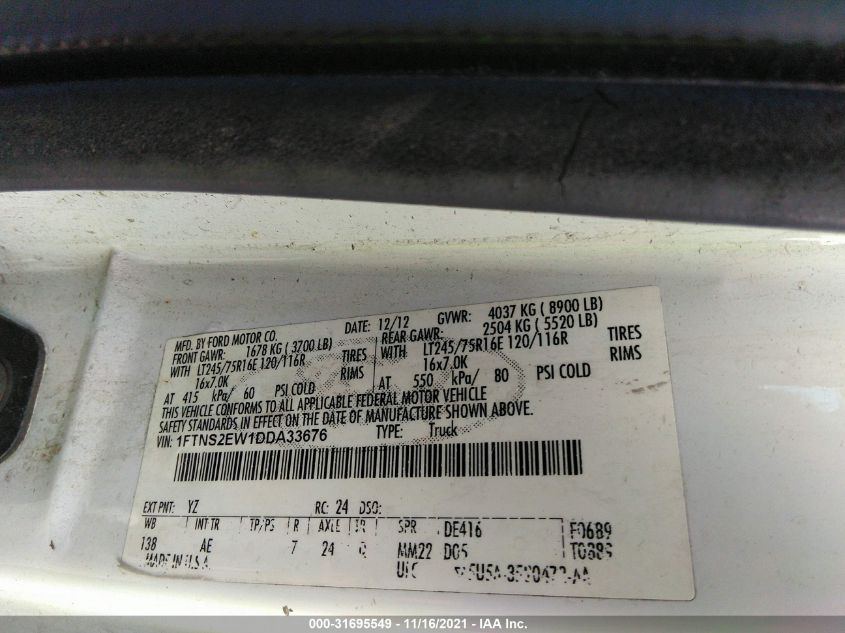 2013 FORD ECONOLINE CARGO VAN COMMERCIAL/RECREATIONAL 1FTNS2EW1DDA33676
