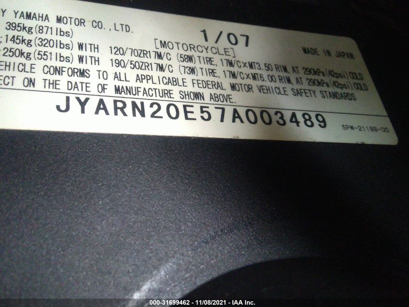 2007 YAMAHA YZFR1 JYARN20E57A003489