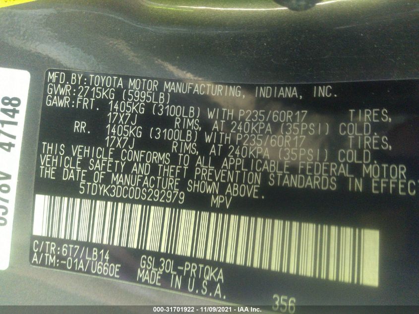 2013 TOYOTA SIENNA XLE AAS/XLE/LTD 5TDYK3DC0DS292979