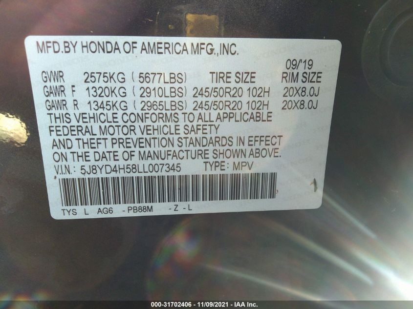 2020 ACURA MDX W/TECHNOLOGY PKG 5J8YD4H58LL007345