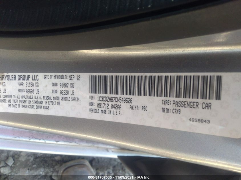 2013 DODGE AVENGER SE 1C3CDZAB7DN540626