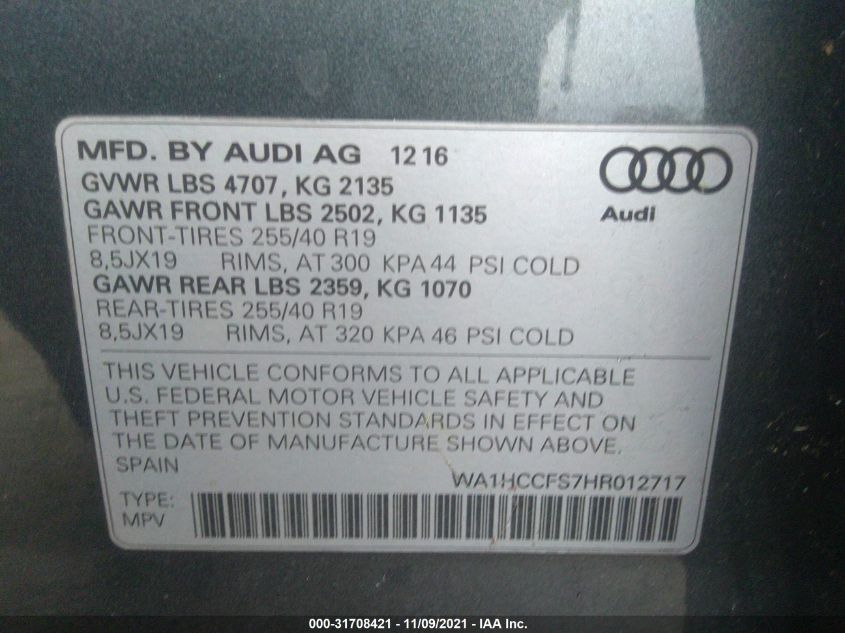 2017 AUDI Q3 PREMIUM PLUS WA1HCCFS7HR012717