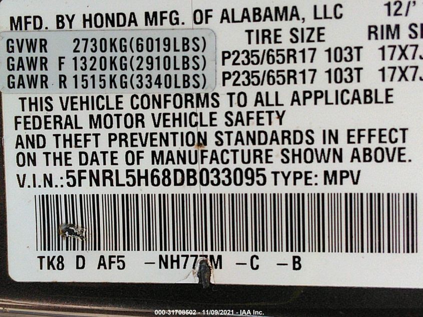 2013 HONDA ODYSSEY EX-L 5FNRL5H68DB033095