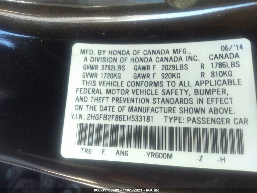 2014 HONDA CIVIC SEDAN EX 2HGFB2F86EH533181