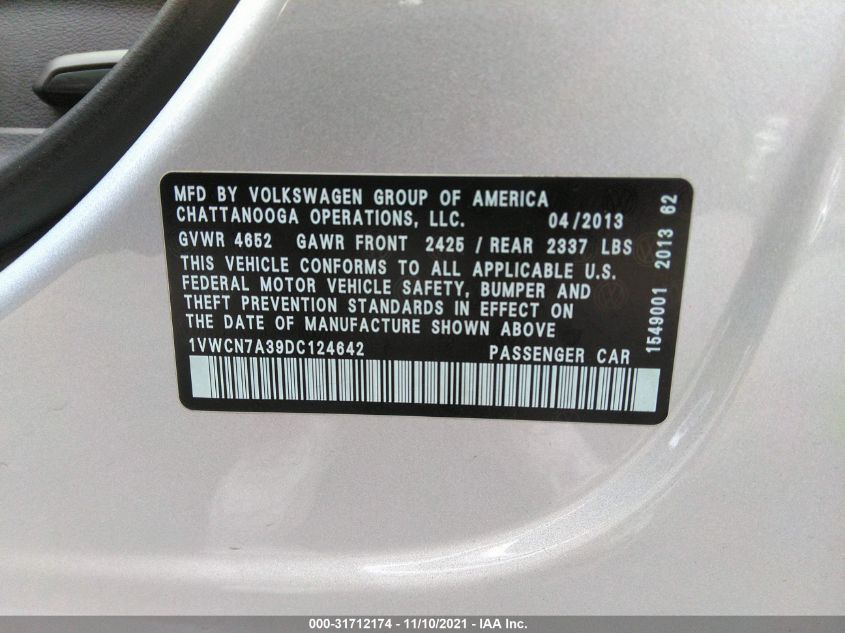 2013 VOLKSWAGEN PASSAT TDI SEL PREMIUM 1VWCN7A39DC124642