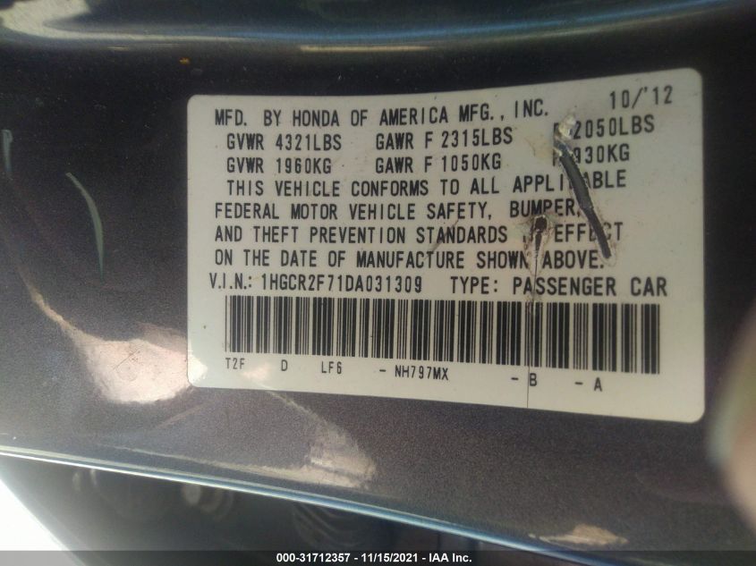 2013 HONDA ACCORD SDN EX 1HGCR2F71DA031309