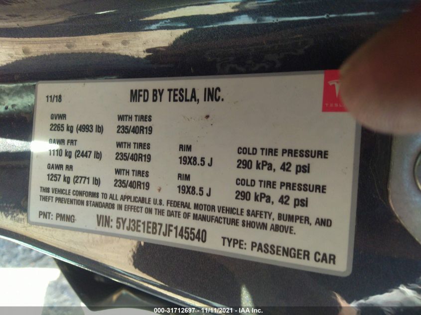 2018 TESLA MODEL 3 LONG RANGE 5YJ3E1EB7JF145540