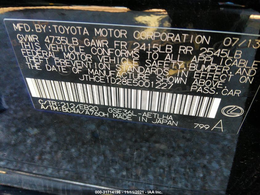 2014 LEXUS IS 350 JTHCE1D28E5001227