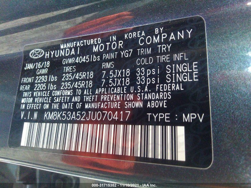 2018 HYUNDAI KONA ULTIMATE KM8K53A52JU070417