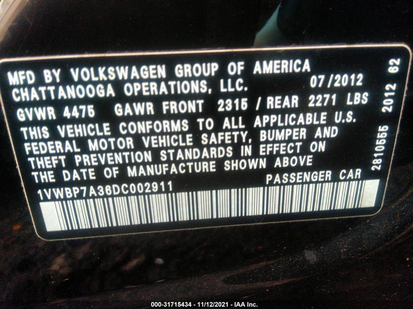 2013 VOLKSWAGEN PASSAT SE 1VWBP7A36DC002911