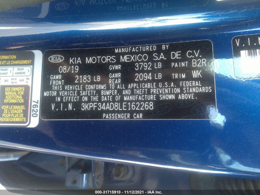 2020 KIA FORTE GT-LINE 3KPF34AD8LE162268