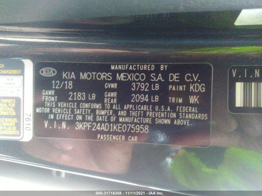 2019 KIA FORTE LXS 3KPF24AD1KE075958