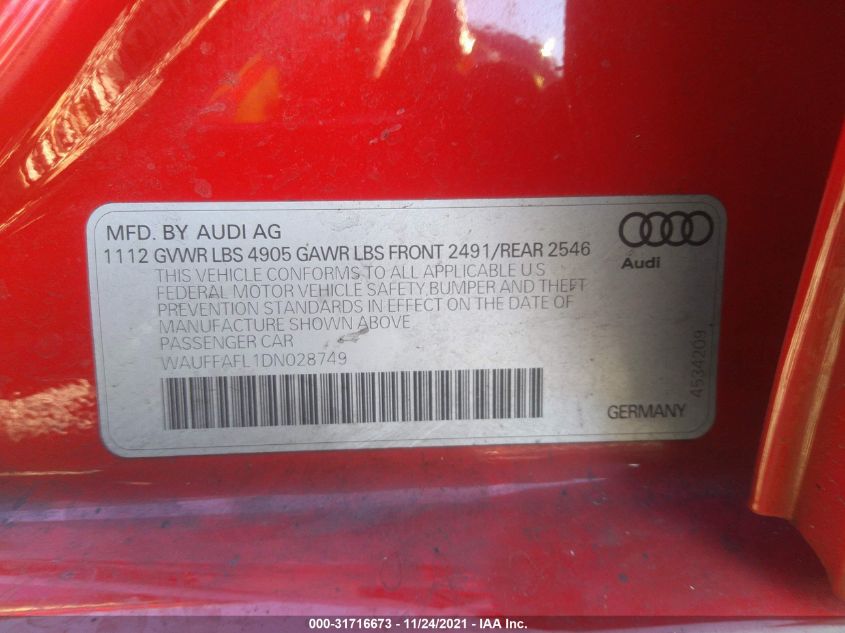 2013 AUDI A4 PREMIUM PLUS WAUFFAFL1DN028749