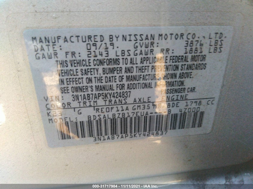 Auction sale of the 2019 Nissan Sentra , vin: 3N1AB7AP5KY424837, lot number: 31717984
