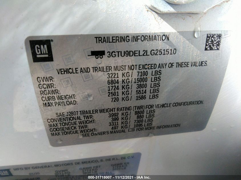 2020 GMC SIERRA 1500 SLT 3GTU9DEL2LG251510
