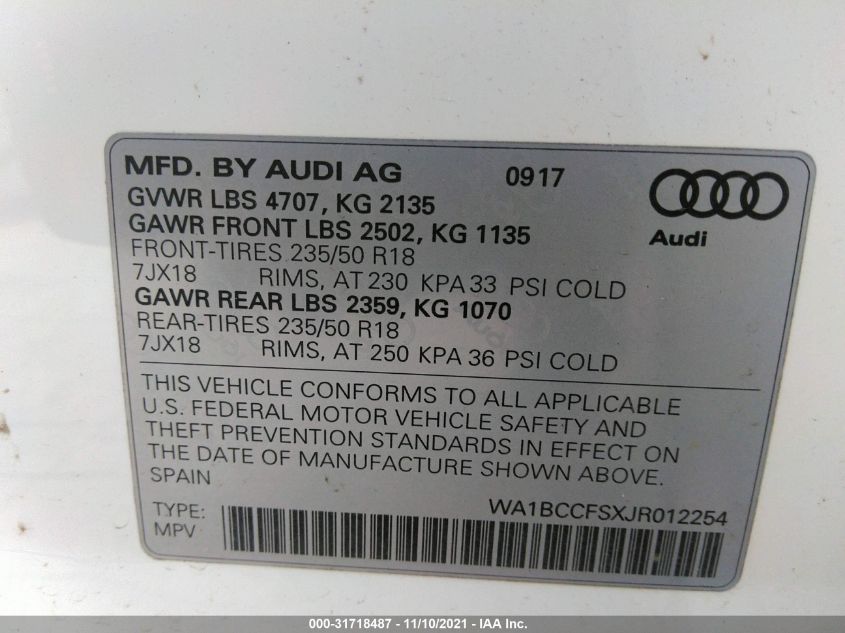 2018 AUDI Q3 PREMIUM/SPORT PREMIUM WA1BCCFSXJR012254