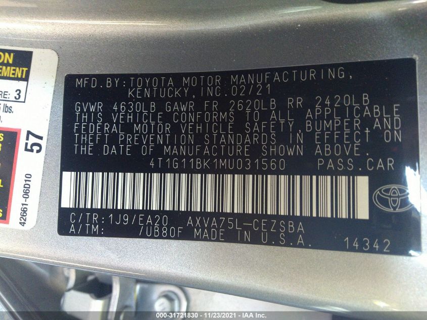 Auction sale of the 2021 TOYOTA CAMRY , vin: 4T1G11BK1MU031560, lot number: 31721830