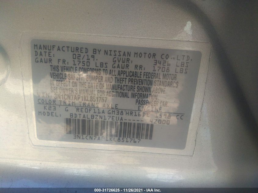 2019 NISSAN VERSA SEDAN SV 3N1CN7AP1KL851767