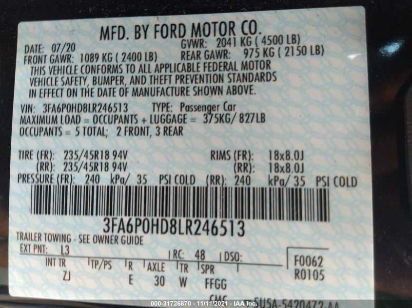 2020 FORD FUSION SE 3FA6P0HD8LR246513