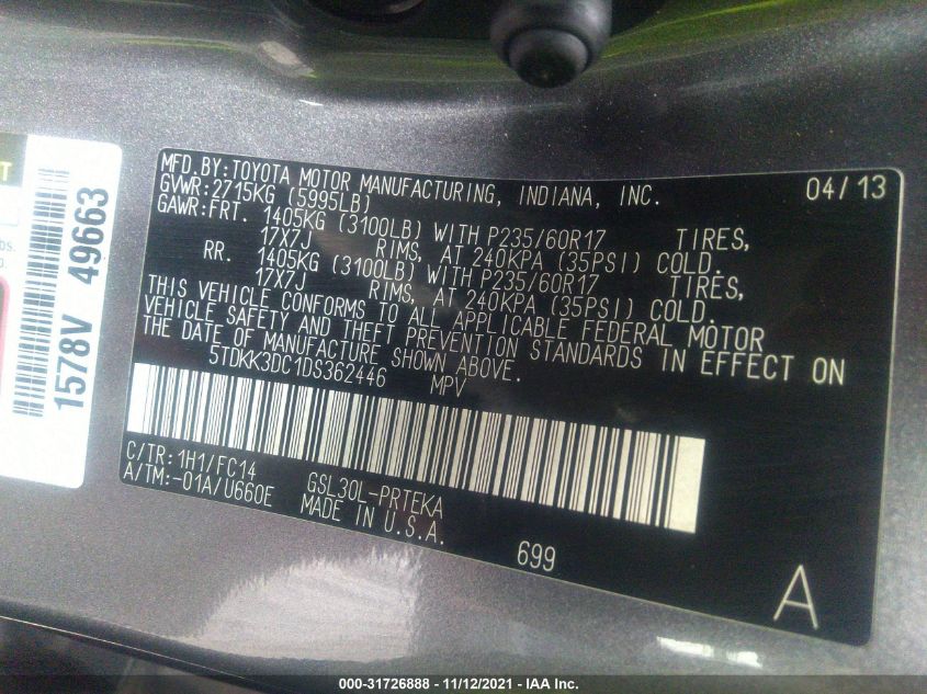 2013 TOYOTA SIENNA LE 5TDKK3DC1DS362446