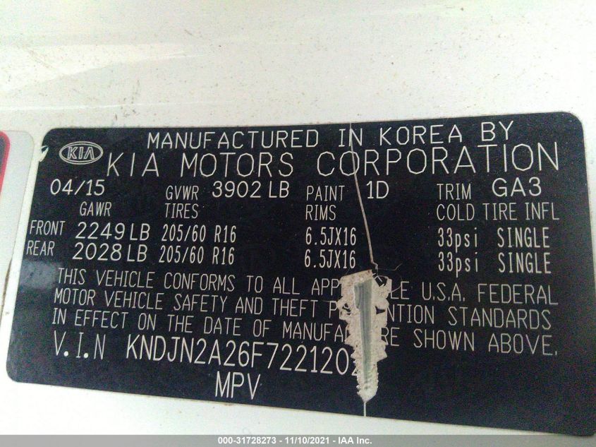 2015 KIA SOUL BASE KNDJN2A26F7221202