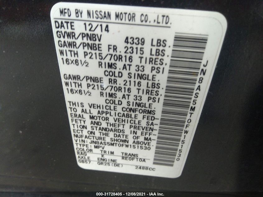 2015 NISSAN ROGUE SELECT S JN8AS5MT0FW151530