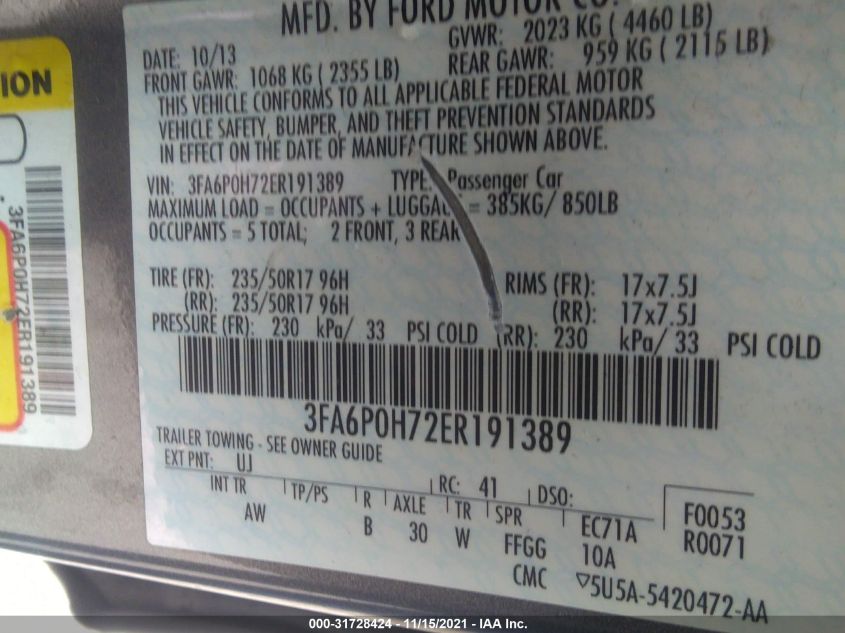 2014 FORD FUSION SE 3FA6P0H72ER191389